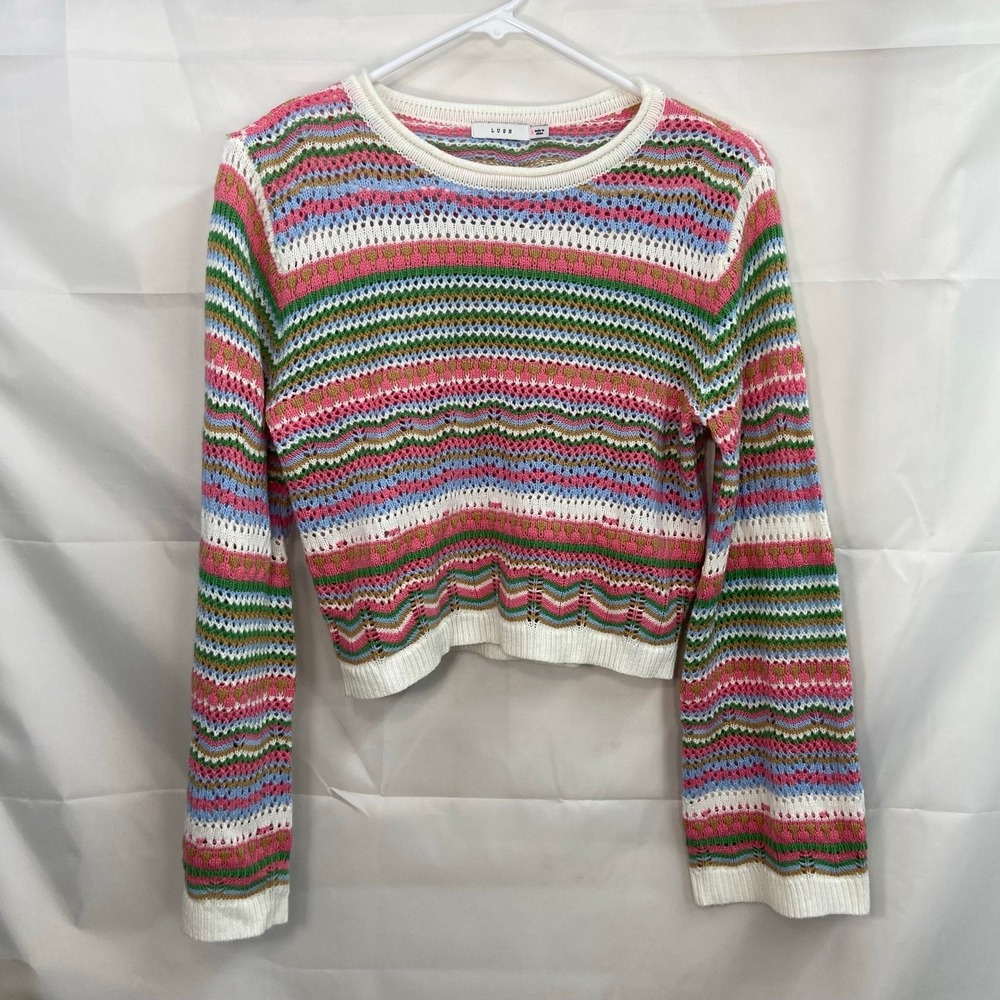 LUSH Nordstrom women's pink striped knit crocheted cropped pointelle sweater S